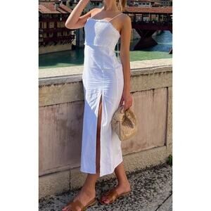 ZARA Smocked Linen Blend Slit Midi Dress White XS